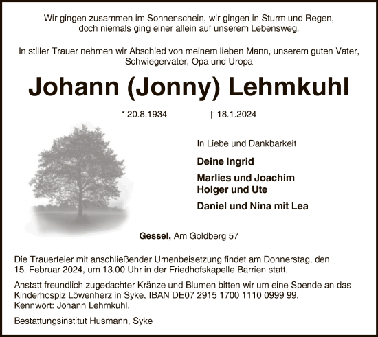 Traueranzeige von Johann Lehmkuhl