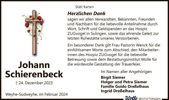 Traueranzeige von Johann Schierenbeck von SYK