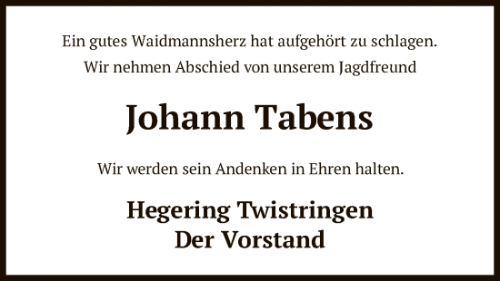Traueranzeige von Johann Tabens von SYK
