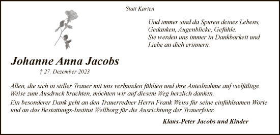 Traueranzeige von Johanne Anna Jacobs von SYK