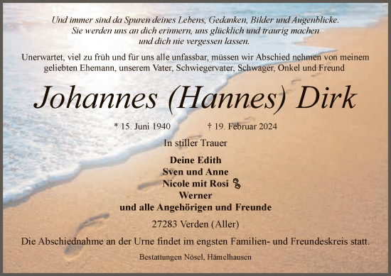 Traueranzeige von Johannes Dirk von SYK