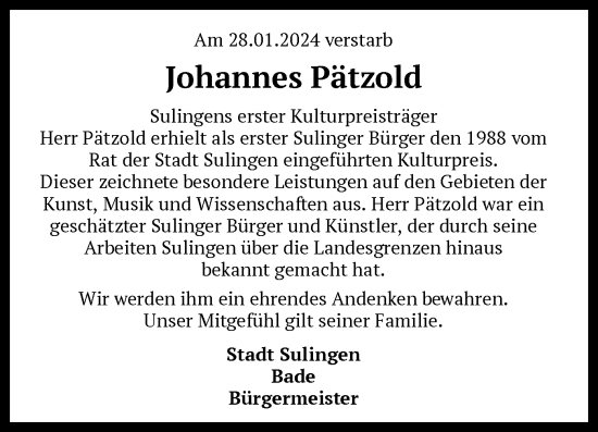 Traueranzeige von Johannes Pätzold von SYK