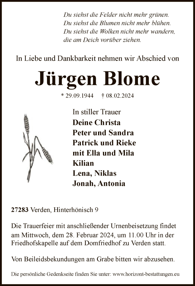 Traueranzeige für Jürgen Blome vom 17.02.2024 aus SYK
