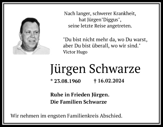 Traueranzeige von Jürgen Schwarze von SYK