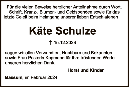 Traueranzeige von Käte Schulze von SYK