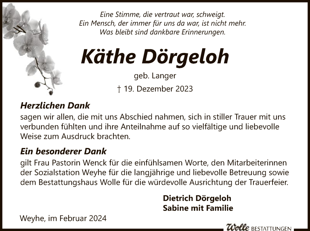  Traueranzeige für Käthe Dörgeloh vom 03.02.2024 aus SYK