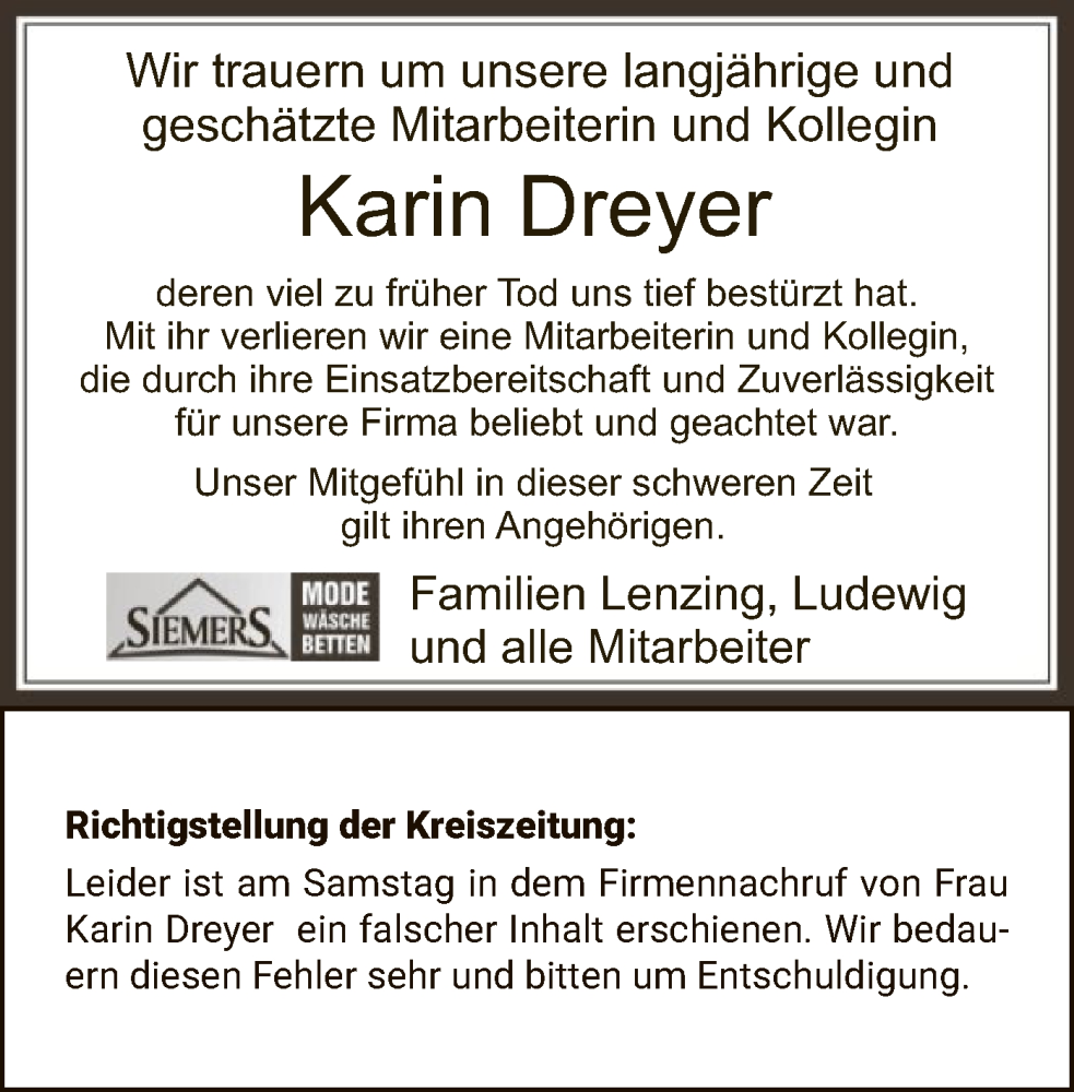  Traueranzeige für Karin Dreyer vom 17.02.2024 aus SYK