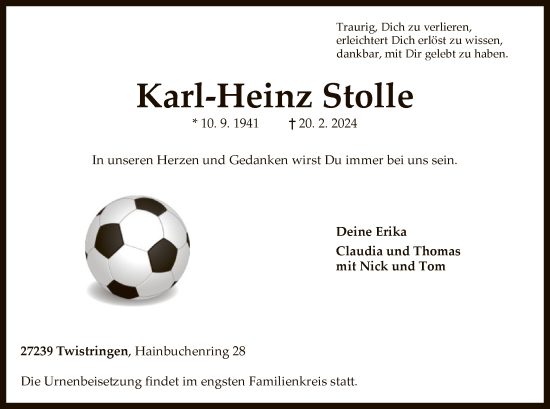 Traueranzeige von Karl-Heinz Stolle von SYK