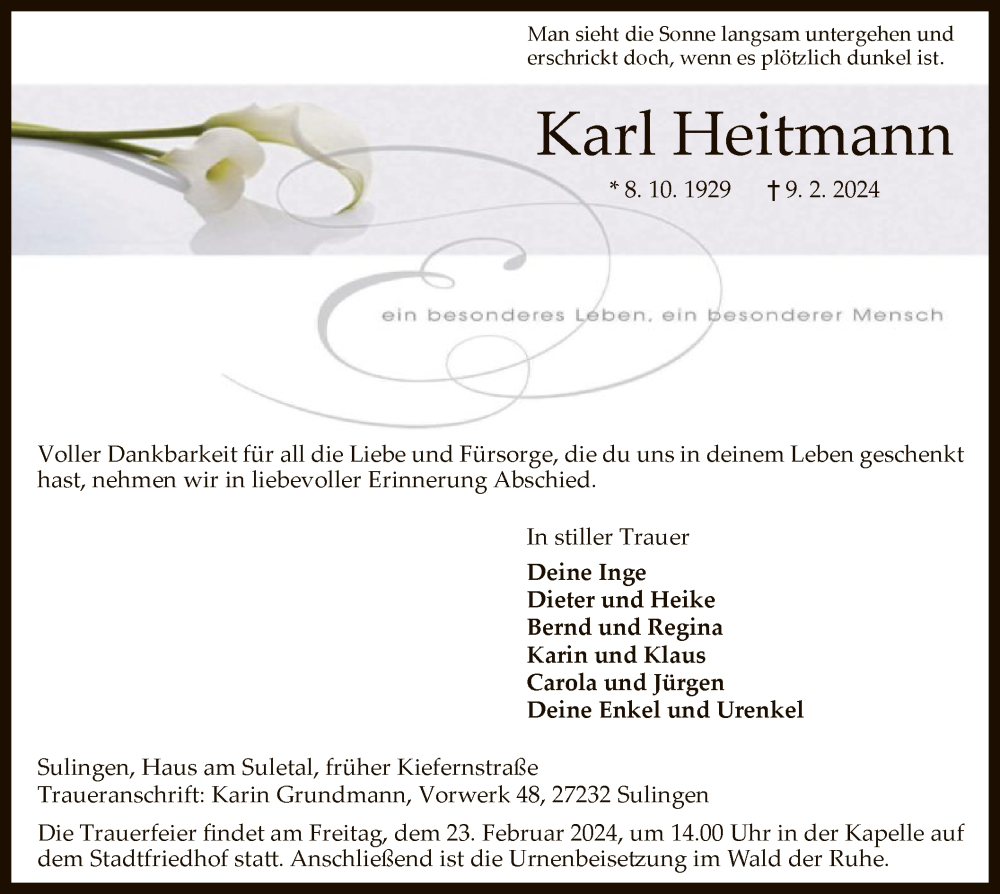  Traueranzeige für Karl Heitmann vom 17.02.2024 aus SYK