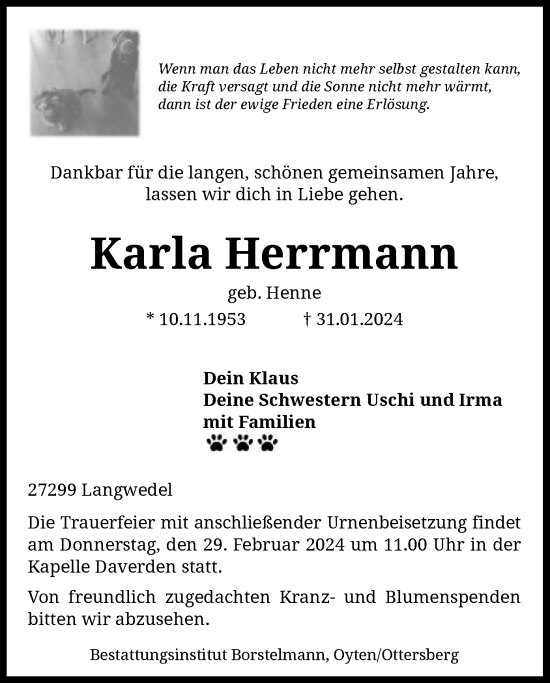 Traueranzeige von Karla Herrmann von SYK