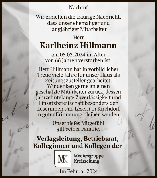 Traueranzeige von Karlheinz Hillmann von SYK