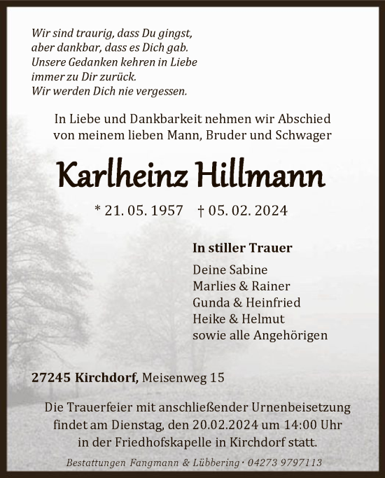 Traueranzeige von Karlheinz Hillmann von SYK