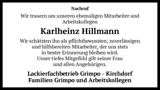 Traueranzeige von Karlheinz Hillmann von SYK