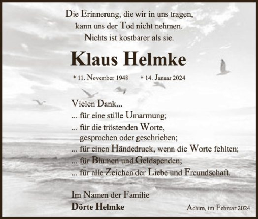  Traueranzeige für Klaus Helmke vom 24.02.2024 aus SYK