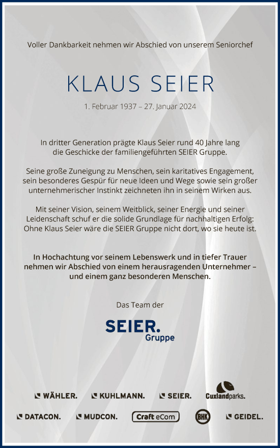 Traueranzeige von Klaus Seier von SYK