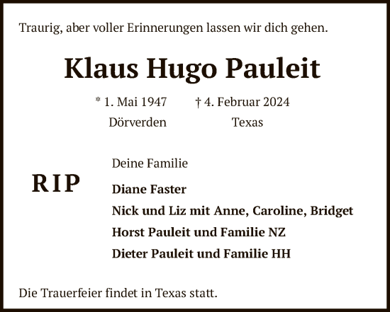 Traueranzeige von Klaus Hugo Pauleit von SYK