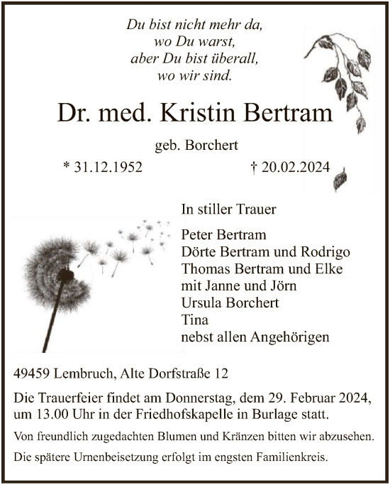 Traueranzeige von Kristin Bertram von SYK