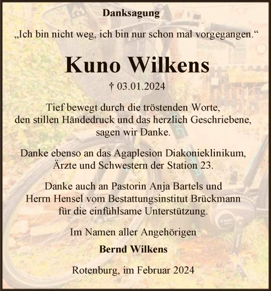 Traueranzeige von Kuno Wilkens von SYK