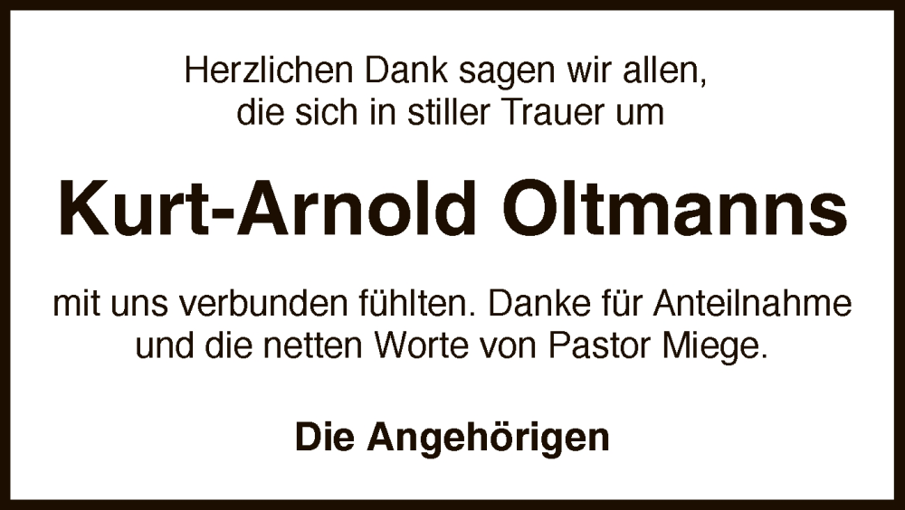  Traueranzeige für Kurt-Arnold Oltmanns vom 17.02.2024 aus SYK