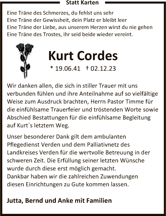 Traueranzeige von Kurt Cordes von SYK