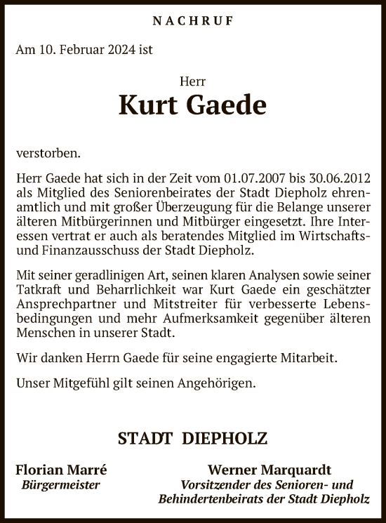 Traueranzeige von Kurt Gaede von SYK