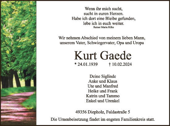 Traueranzeige von Kurt Gaede von SYK
