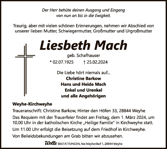 Traueranzeige von Liesbeth Mach von SYK