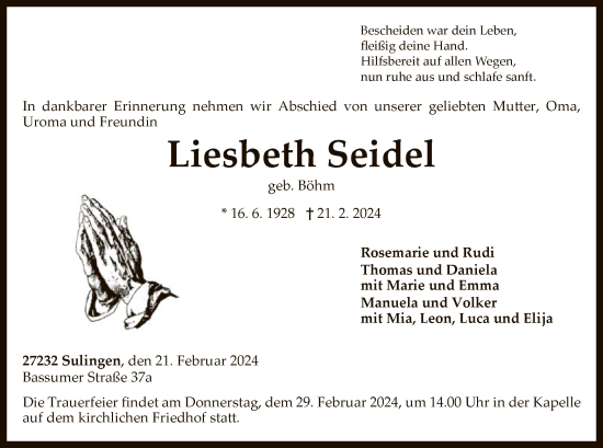 Traueranzeige von Liesbeth Seidel von SYK