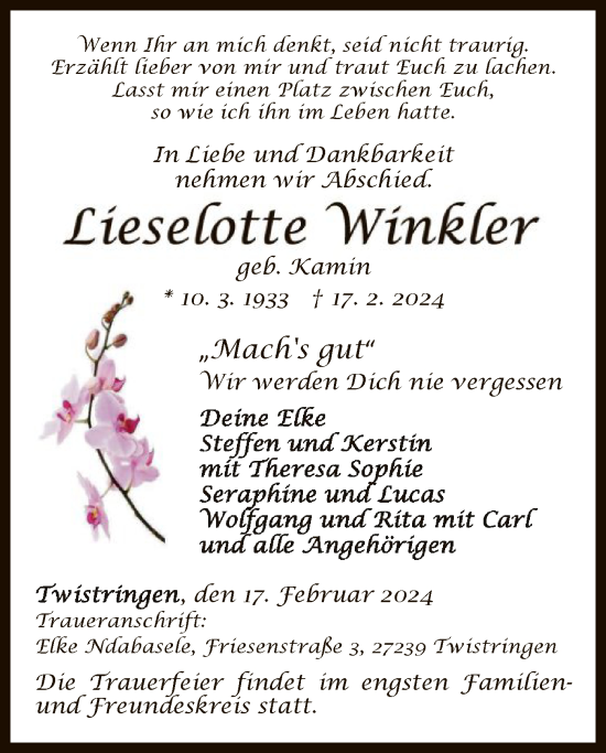 Traueranzeige von Lieselotte Winkler von SYK