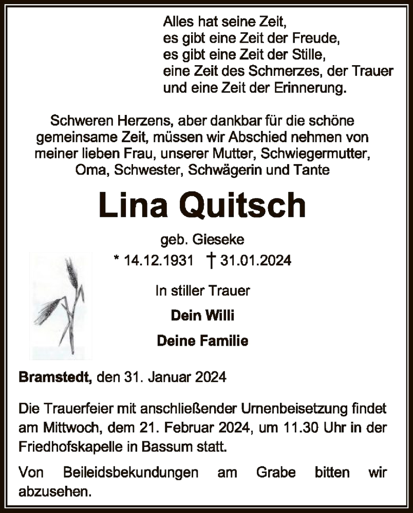  Traueranzeige für Lina Quitsch vom 03.02.2024 aus SYK