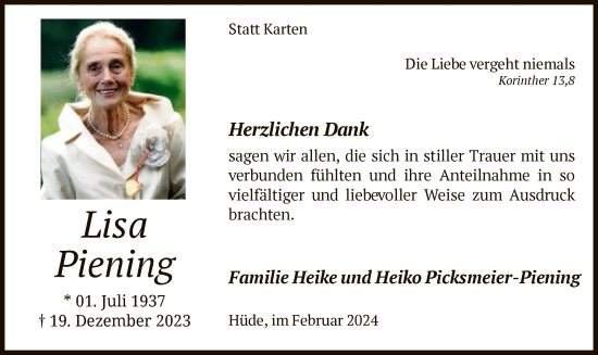 Traueranzeige von Lisa Piening von SYK