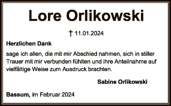 Traueranzeige von Lore Orlikowski von SYK