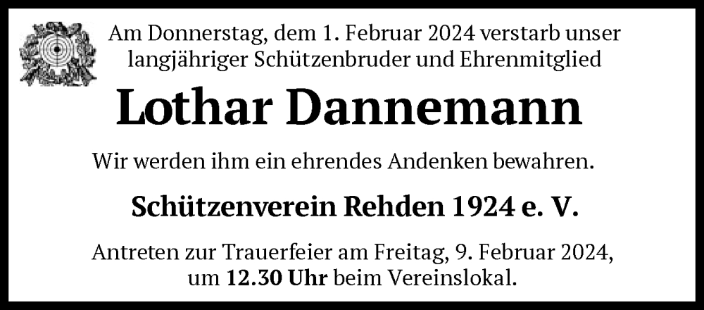  Traueranzeige für Lothar Dannemann vom 07.02.2024 aus SYK