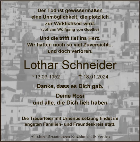 Traueranzeige von Lothar Schneider von SYK