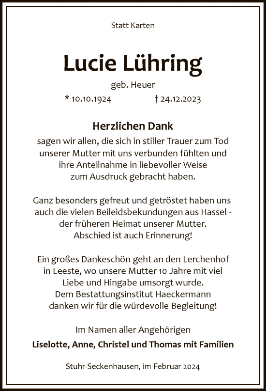 Traueranzeige von Lucie Lühring von SYK