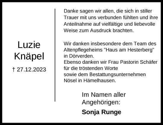 Traueranzeige von Luzie Knäpel von SYK