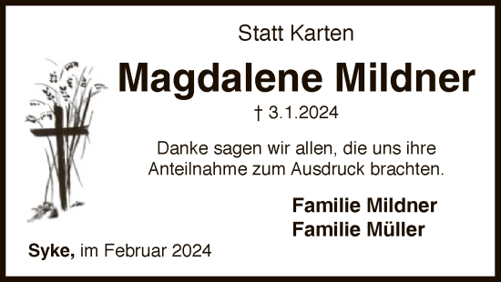 Traueranzeige von Magdalene Mildner