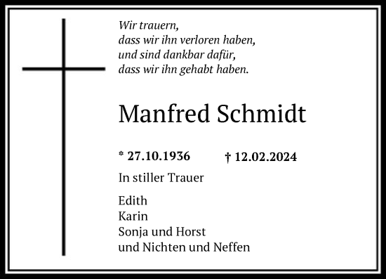 Traueranzeige von Manfred Schmidt von SYK