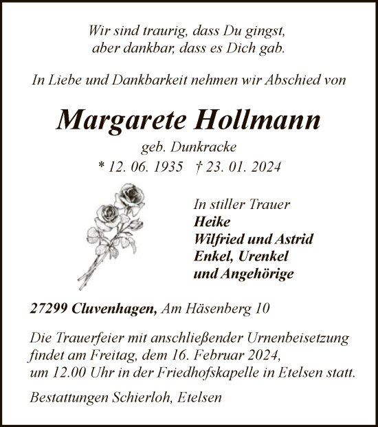 Traueranzeige von Margarete Hollmann von SYK
