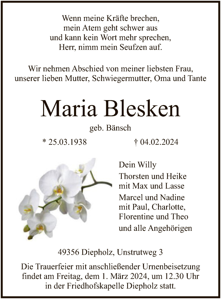  Traueranzeige für Maria Blesken vom 08.02.2024 aus SYK