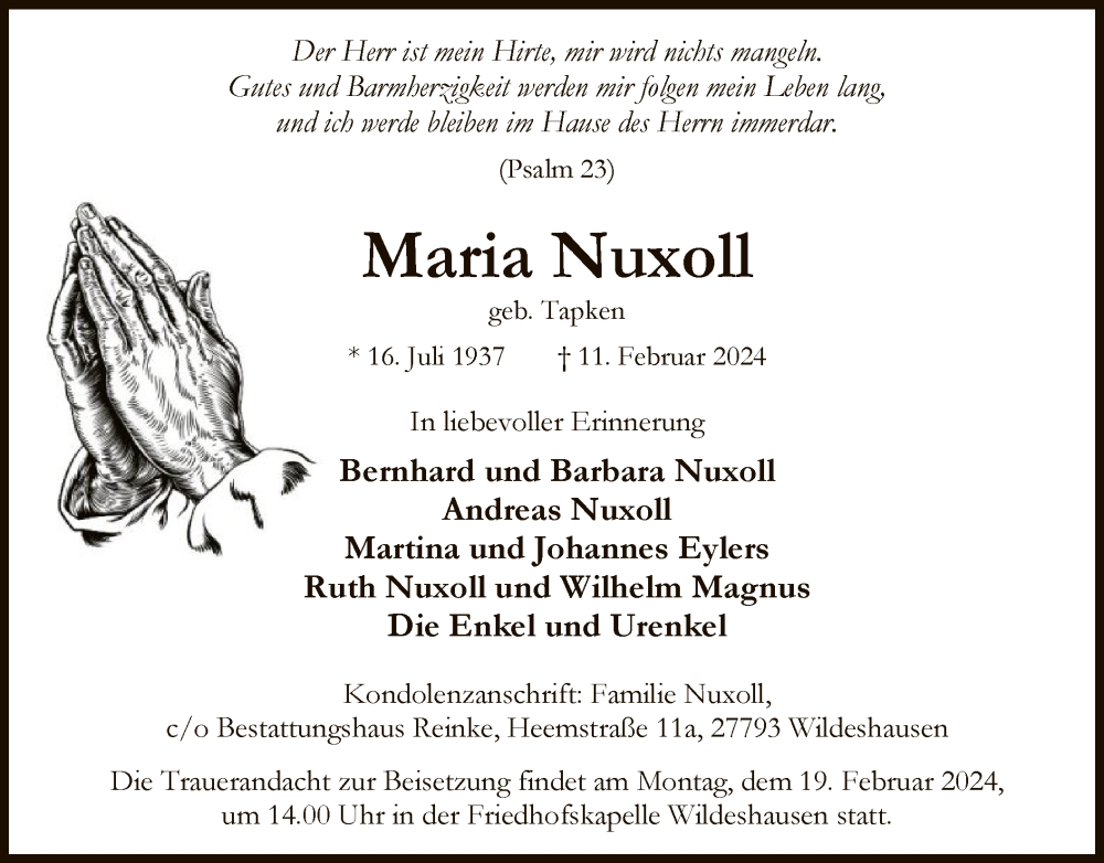  Traueranzeige für Maria Nuxoll vom 15.02.2024 aus SYK