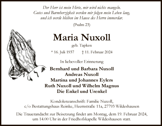 Traueranzeige von Maria Nuxoll von SYK