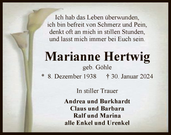 Traueranzeige von Marianne Hertwig von SYK