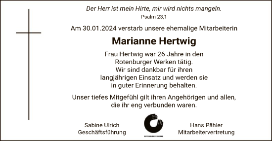 Traueranzeige von Marianne Hertwig von SYK