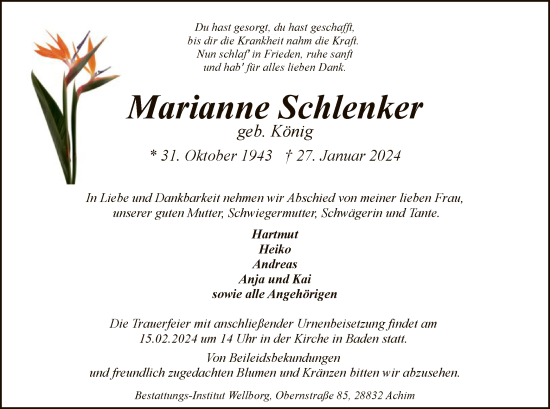 Traueranzeige von Marianne Schlenker von SYK