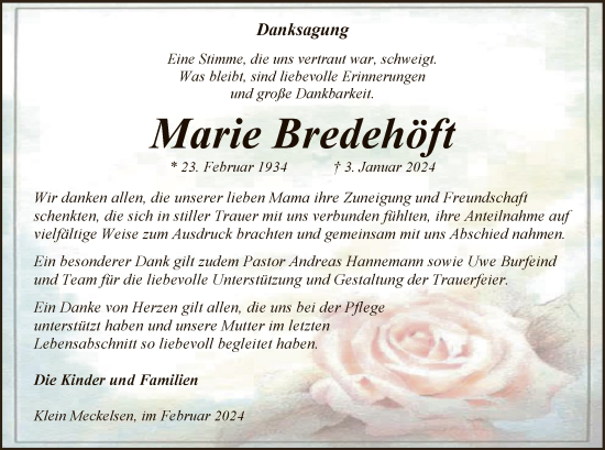 Traueranzeige von Marie Bredehöft von SYK