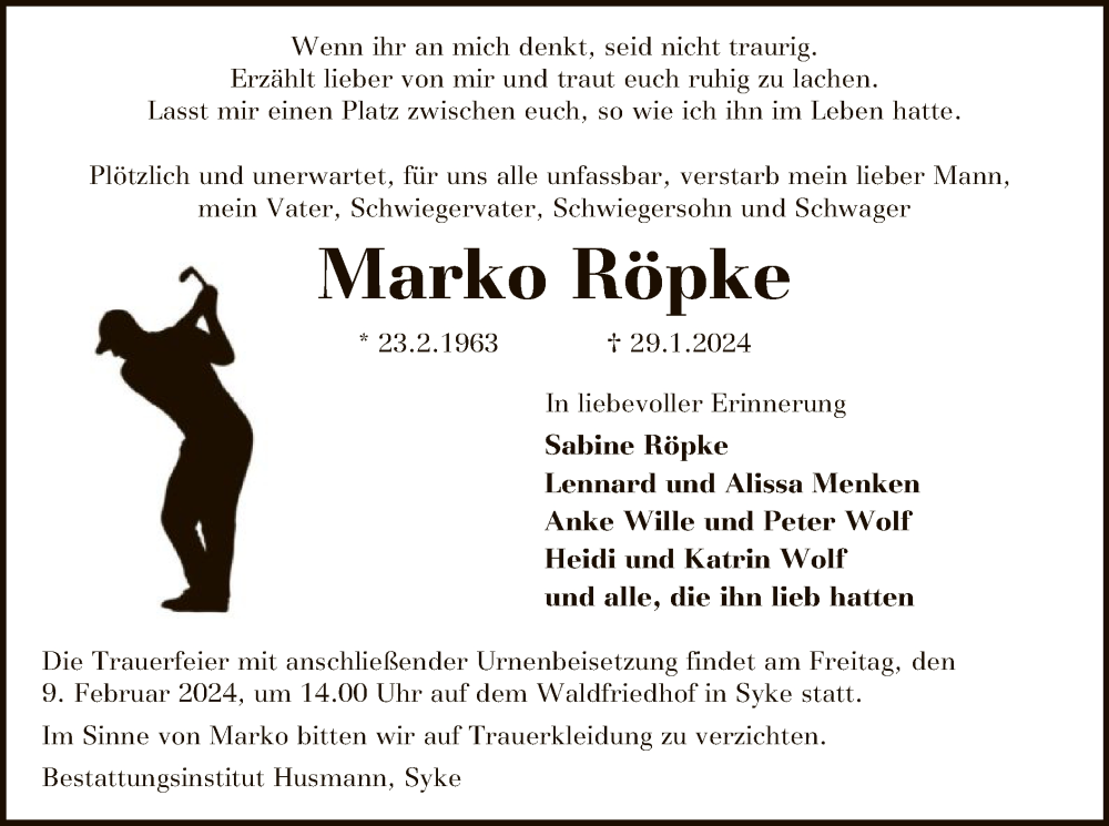  Traueranzeige für Marko Röpke vom 03.02.2024 aus SYK