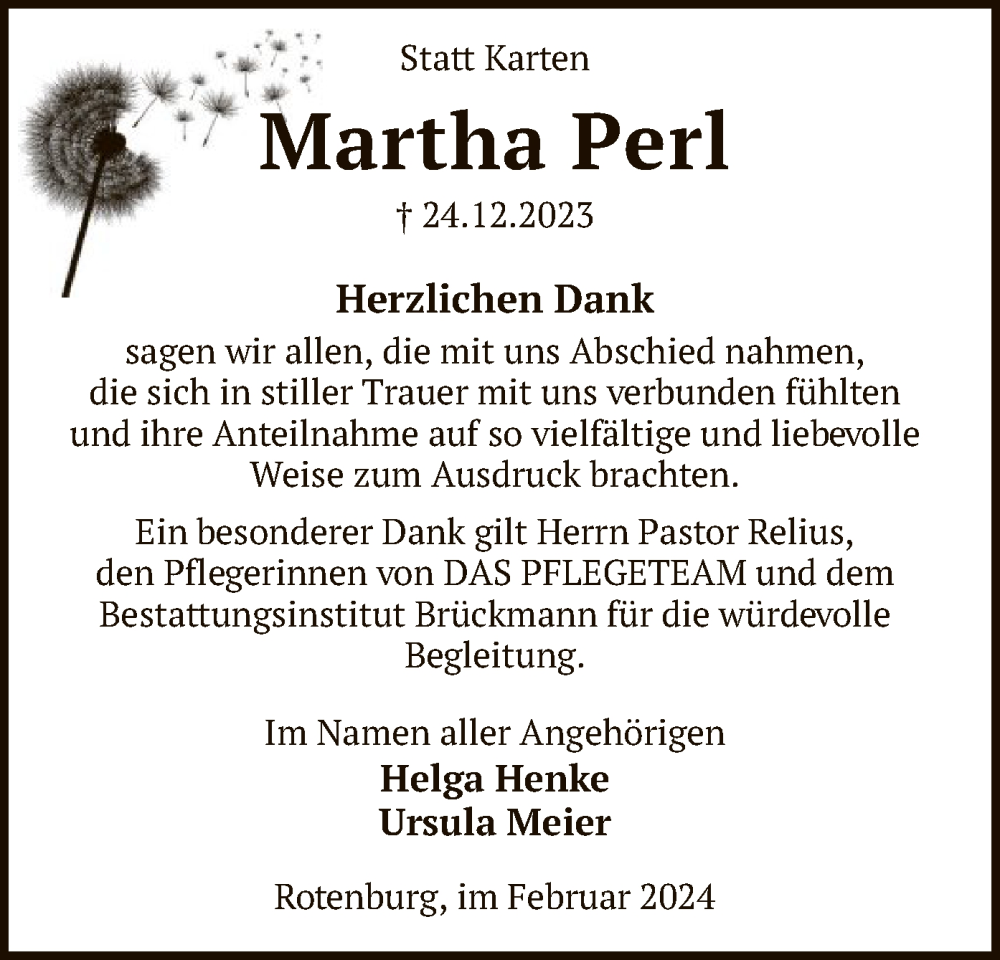  Traueranzeige für Martha Perl vom 10.02.2024 aus SYK