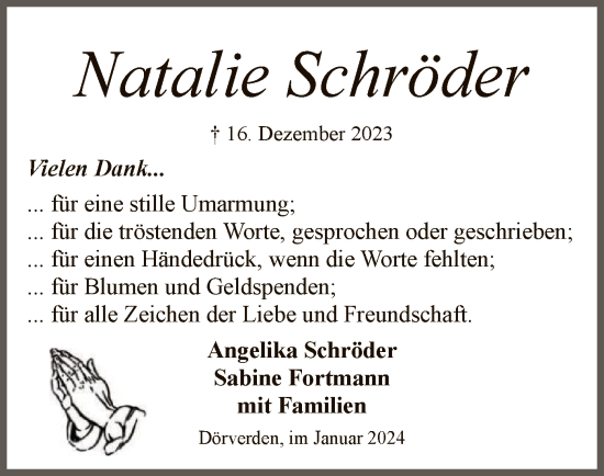 Traueranzeige von Natalie Schröder von SYK