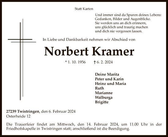 Traueranzeige von Norbert Kramer von SYK